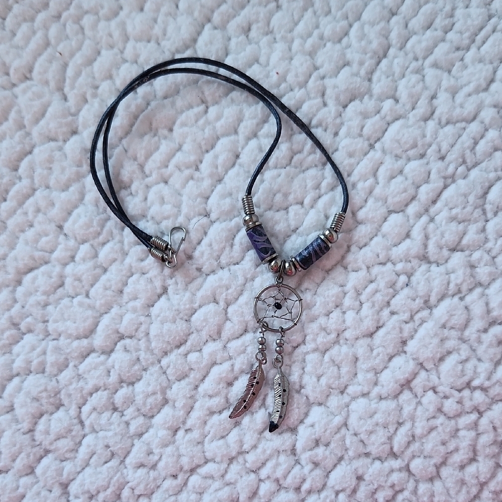 Vintage Southwest Native American Dream Catcher Feather Beads Braided Necklace